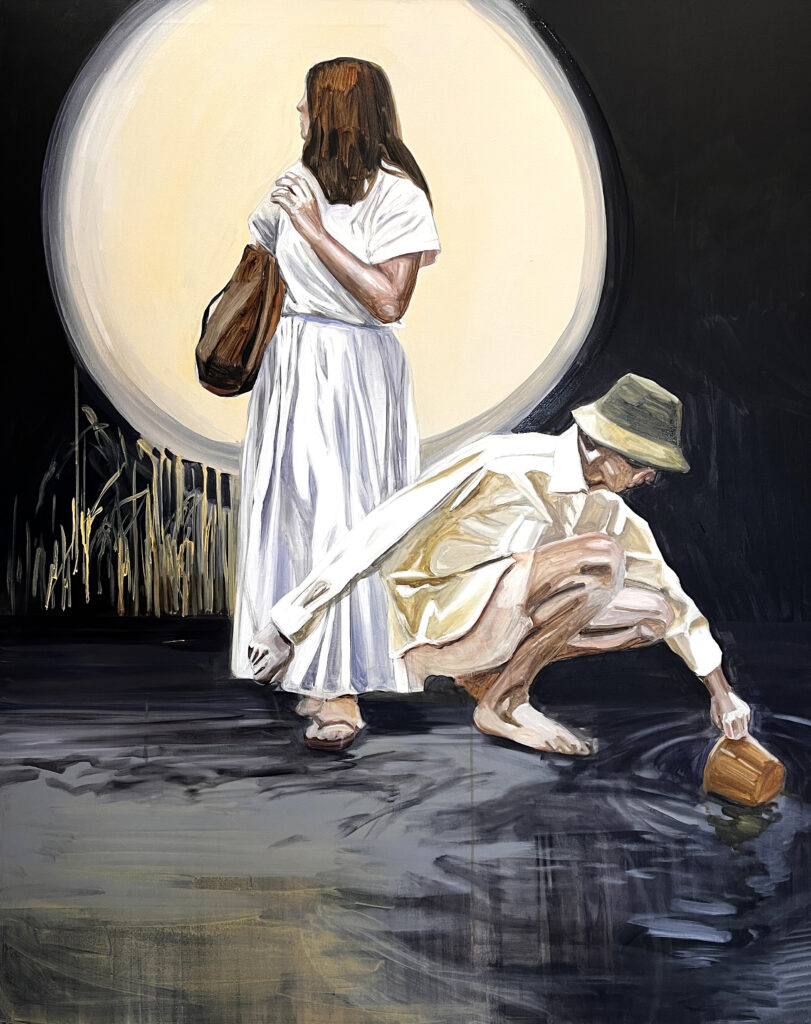 Painting of a woman and a man and a great moon.